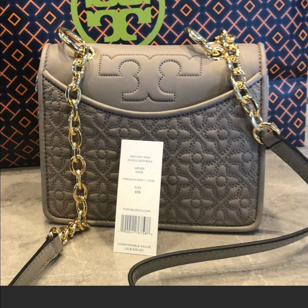 Tory Burch French Gray Quilted Bryant Mini Crossbody with Gold Chain